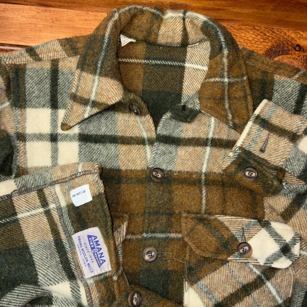 Vintage Amana Woolen Mills Plaid Wool CPO Shirt Jacket Mens 38 (Med) Green Brown